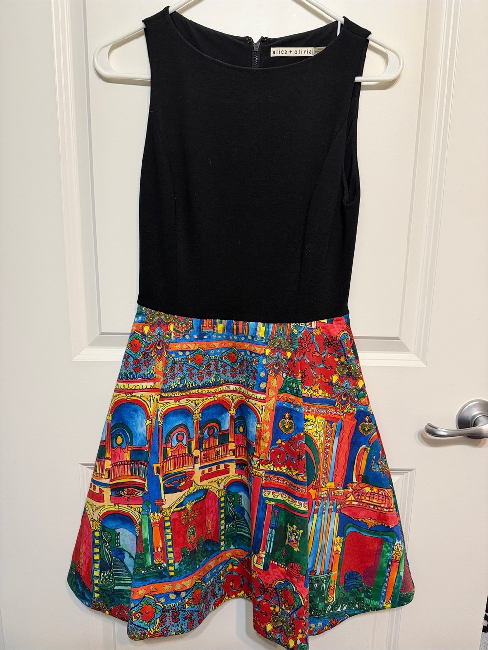 Alice + Olivia Black Bodice Dress with Vibrant Multicolor Printed Skirt